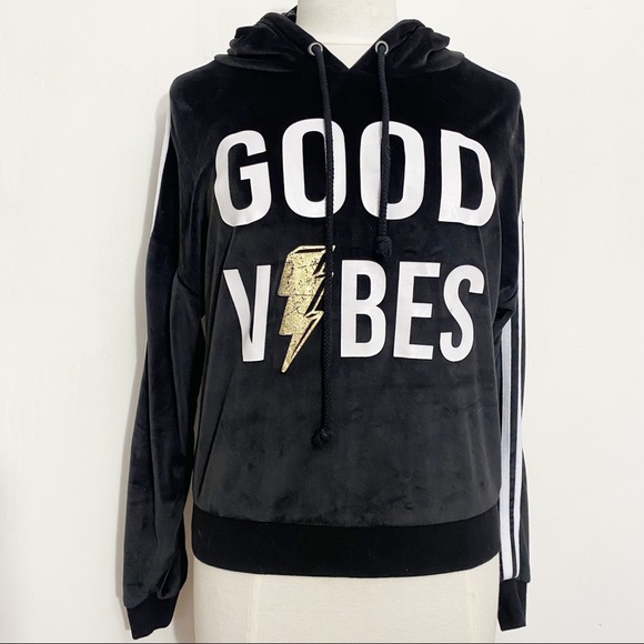 NO BOUNDARIES hooded velour rib trim “good vibes” sweatshirt top M jr. - Picture 1 of 7